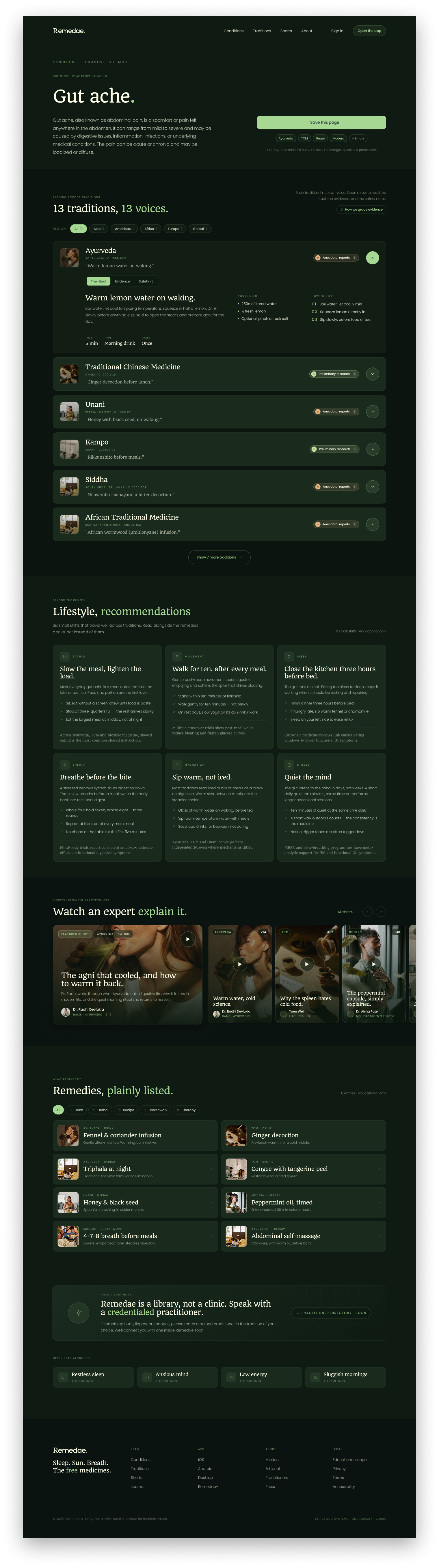 Remedae condition page for gut ache, showing thirteen traditions side by side